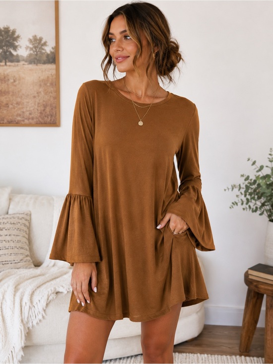 Simply Southern Dresses & Skirts - Simply Southern Brown Bell Sleeve Swing Dress Size‎ Medium